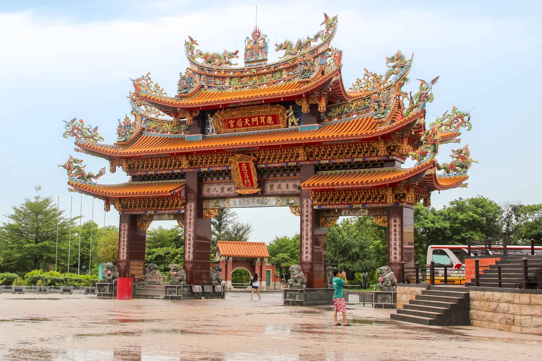 The three-tiered orange-hued pagoda gate of the Luermen Matsu Temple in Tainan. 
