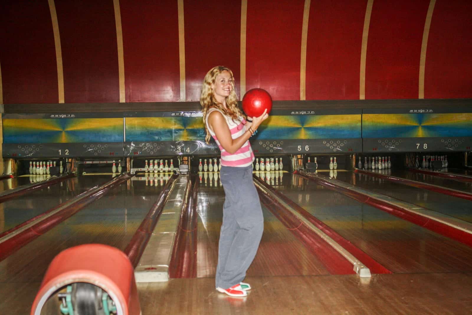 Tourist bowling in North Korea 