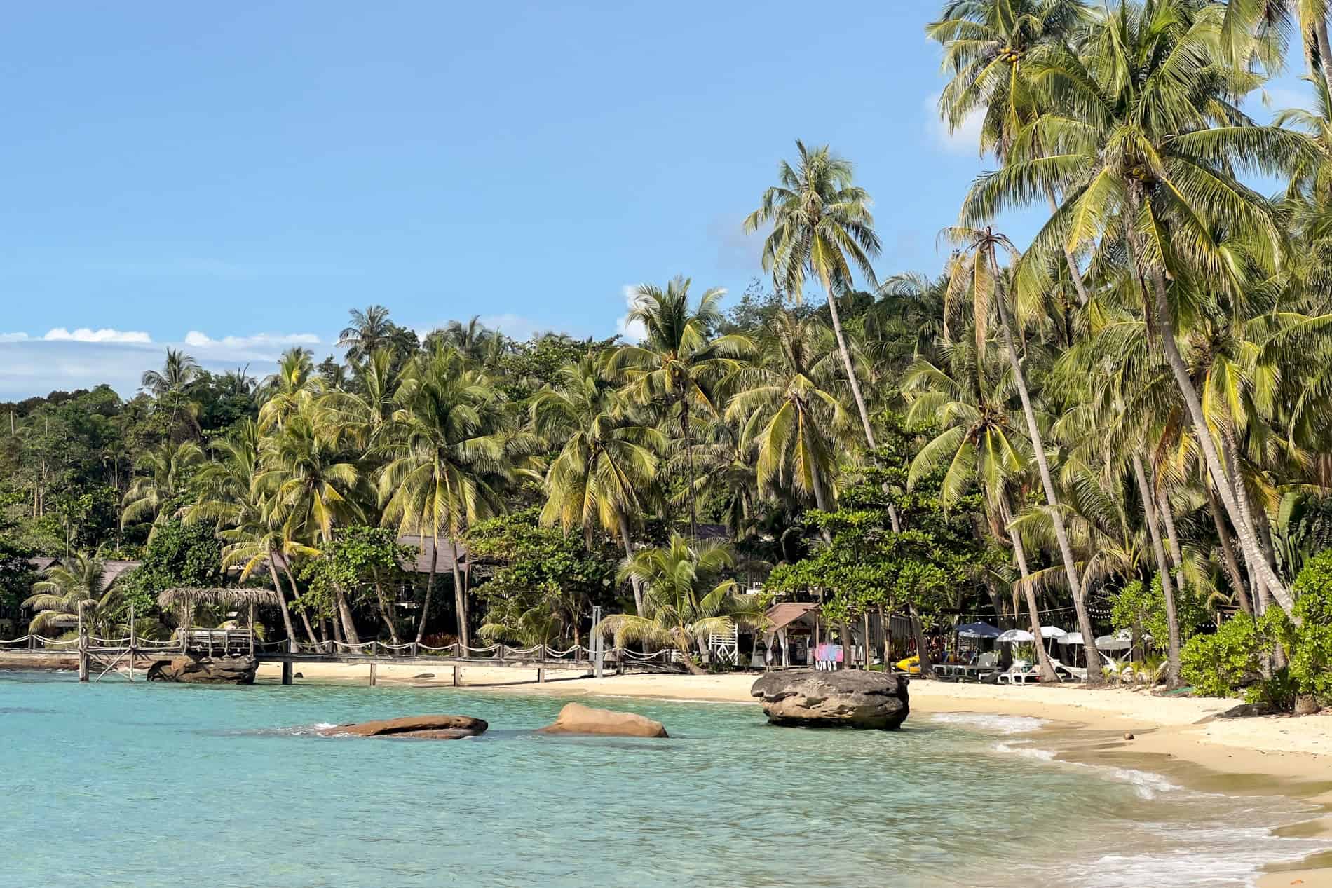 A deserted yellow sand beach with bright turquoise blue water, lined with palm trees and backed by jungle.